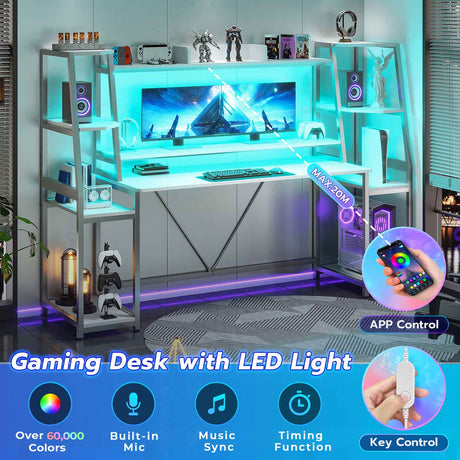 SEDETA - 78.8 Inch Gaming Desk with LED Lights Hutch and Storage Shelves Computer Desk with Monitor Stand Large PC Gamer Desk Workstation Ergonomic Gaming Table for Bedroom Living Room
