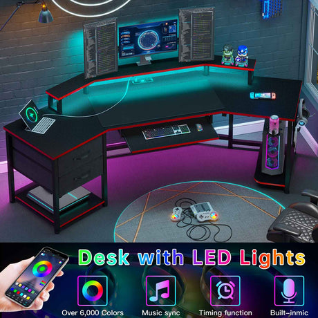 SEDETA - 79 Inch Gaming Desk Computer Desk with 2 Fabric Drawers & LED Light L Shaped Gaming Desk with Storage Shelf for Home Office