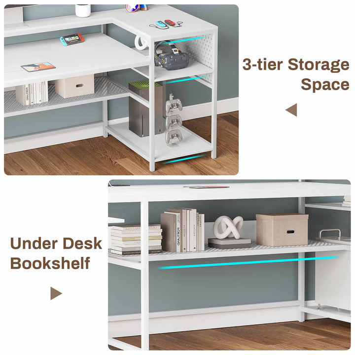 SEDETA® 96 Inch L Shaped LED Gaming Desk Reversible Home Office Computer Table Pegboard and Storage Shelves
