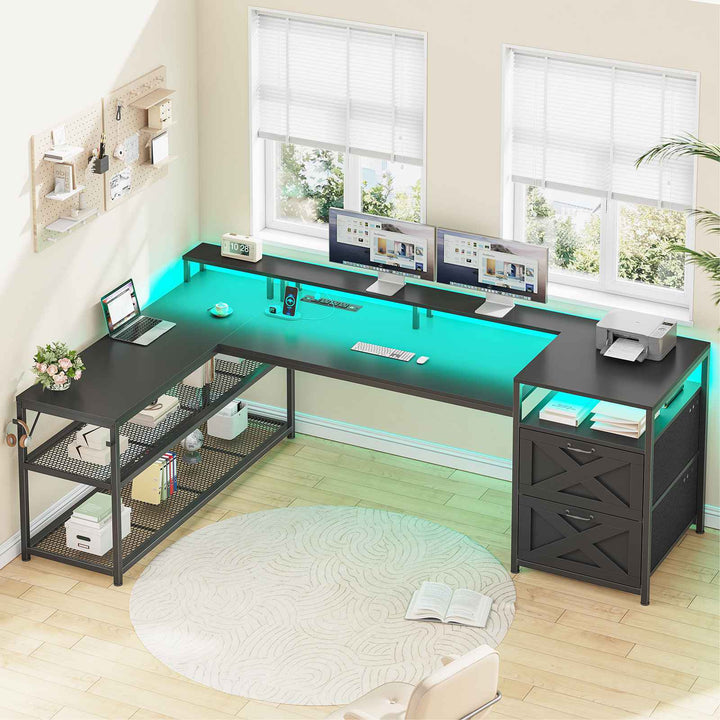 SEDETA | 67 Inch Reversible L Shaped Led Gaming Desk with Drawers for Home Office