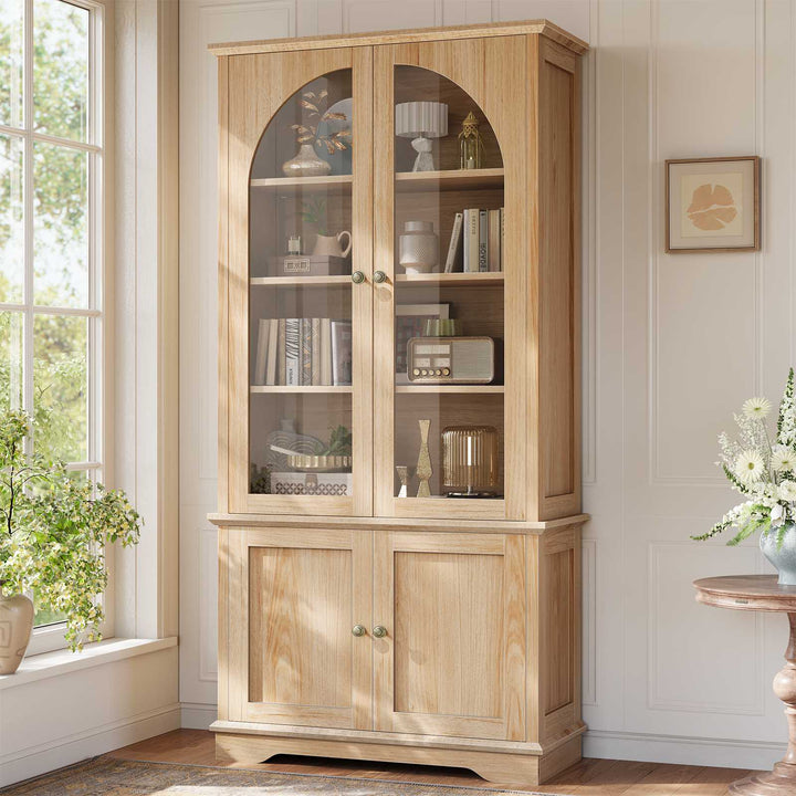SEDETA 71 Inch Farmhouse Arched Bookcase with Glass Doors Tall Bookshelves with 4-Tier Wooden Pantry Storage Cabinet Adjustable Shelves
