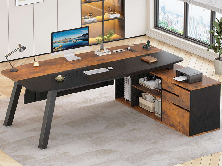 SEDETA 71 Inch Executive Desk with File Cabinet Office Desk with Drawers and Shelves L Shaped Computer Desk with Power Outlets