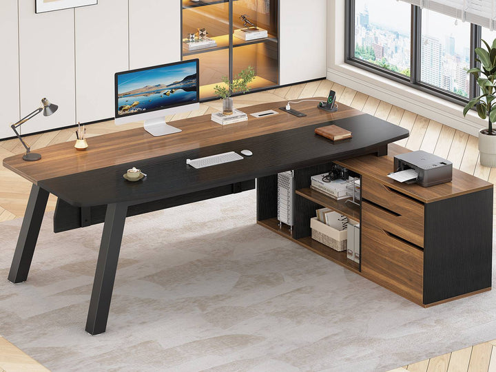 SEDETA 71 Inch Executive Desk with File Cabinet Office Desk with Drawers and Shelves L Shaped Computer Desk with Power Outlets
