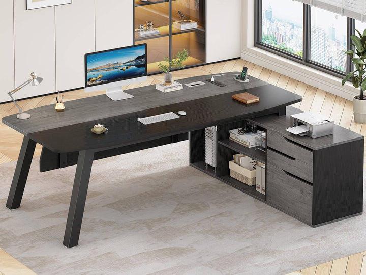 SEDETA 71 Inch Executive Desk with File Cabinet Office Desk with Drawers and Shelves L Shaped Computer Desk with Power Outlets