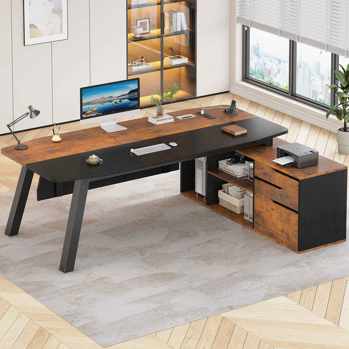SEDETA 71 Inch Executive Desk with File Cabinet Office Desk with Drawers and Shelves L Shaped Computer Desk with Power Outlets