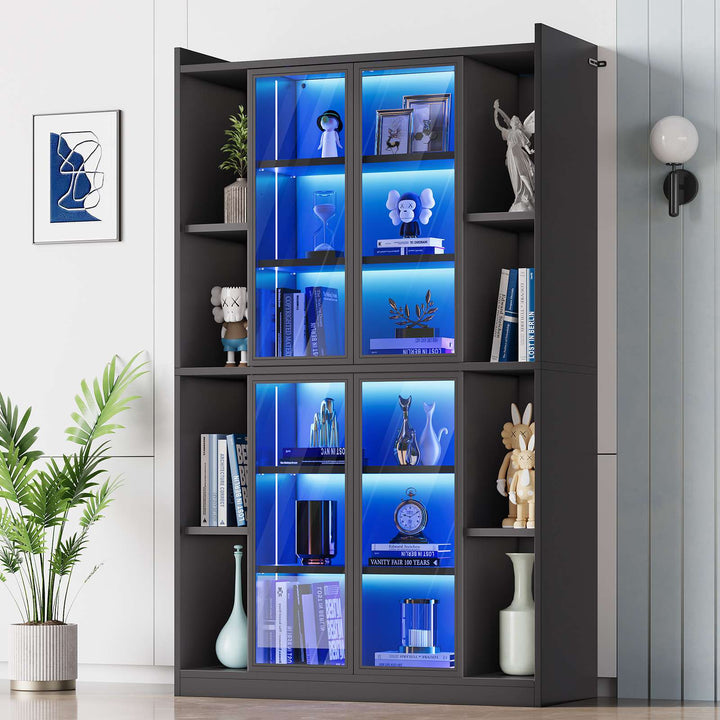 SEDETA 64 Inch Display Cabinet with Glass Doors 6 Tier Tall Bookcase with LED Lights Curio Cabinet with Adjustable Shelves