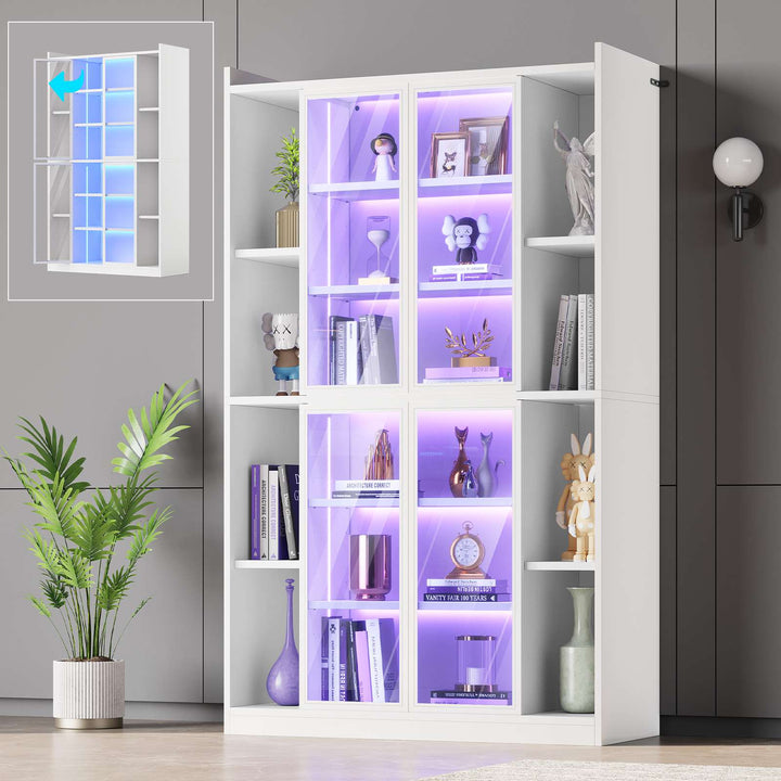 SEDETA 64 Inch Display Cabinet with Glass Doors 6 Tier Tall Bookcase with LED Lights Curio Cabinet with Adjustable Shelves