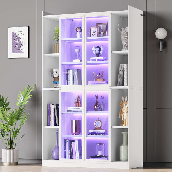 SEDETA 64 Inch Display Cabinet with Glass Doors 6 Tier Tall Bookcase with LED Lights Curio Cabinet with Adjustable Shelves