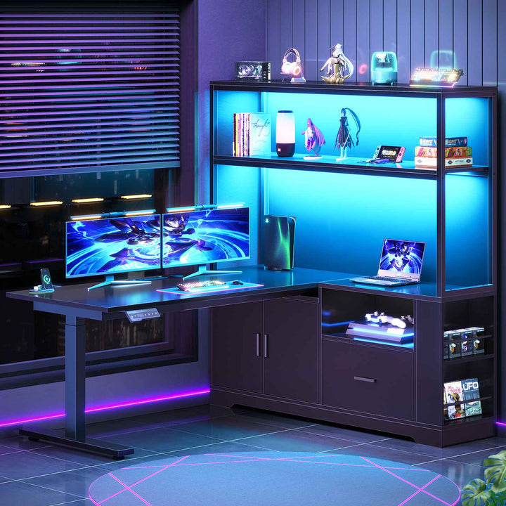 SEDETA 48.6 Inch Standing Desk Height Adjustable Electric L Shaped Stand Up Computer Gaming Desk with Drawers Hutch Power Outlets
