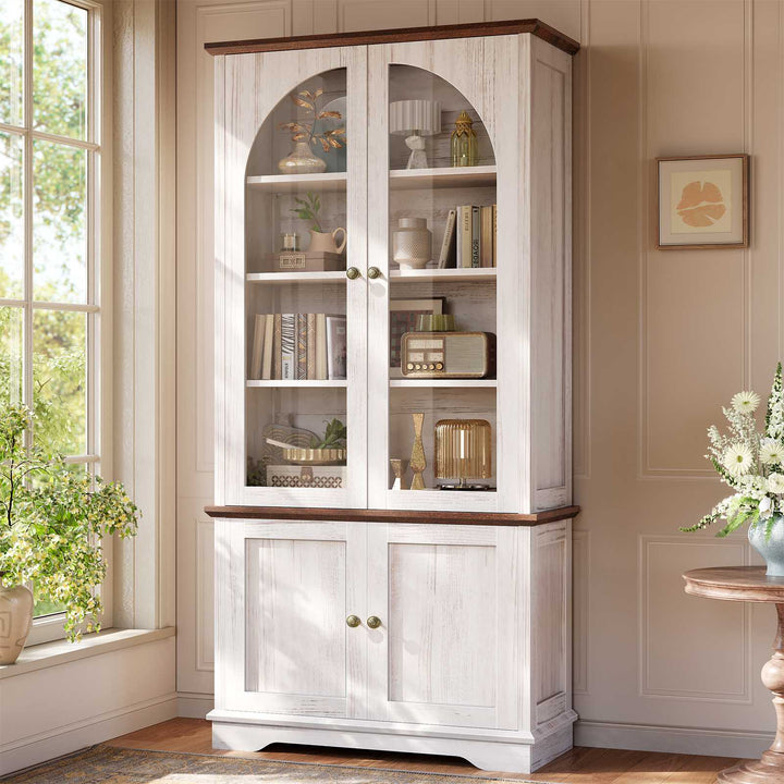 SEDETA 71 Inch Farmhouse Arched Bookcase with Glass Doors Tall Bookshelves with 4-Tier Wooden Pantry Storage Cabinet Adjustable Shelves