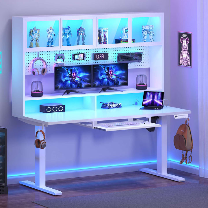 SEDETA 55 Inch Standing Desk Electric Height Adjustable Sit Stand Up Gaming Desk with Led Lights Power Outlet Storage Hutch and Pegboard
