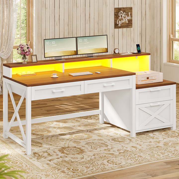 SEDETA 55 Inch Farmhouse Computer Desk with 4 Drawers Power Outlet Gaming Desk with Led Lights Storage Shelves Printer Cabinet
