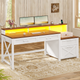 SEDETA 55 Inch Farmhouse Computer Desk with 4 Drawers Power Outlet Gaming Desk with Led Lights Storage Shelves Printer Cabinet