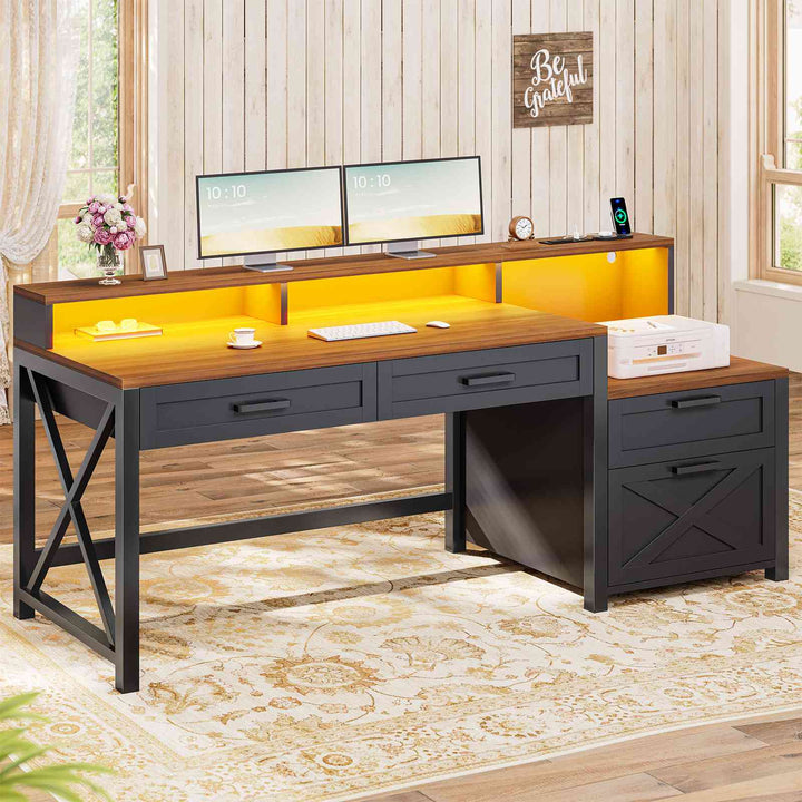 SEDETA 55 Inch Farmhouse Computer Desk with 4 Drawers Power Outlet Gaming Desk with Led Lights Storage Shelves Printer Cabinet