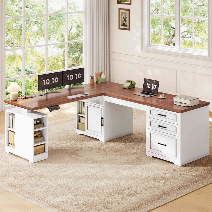 SEDETA 63 Inch L Shaped Electric Standing Desk Height Adjustable Computer Desk Farmhouse with Drawers Shelves and Power Outlet