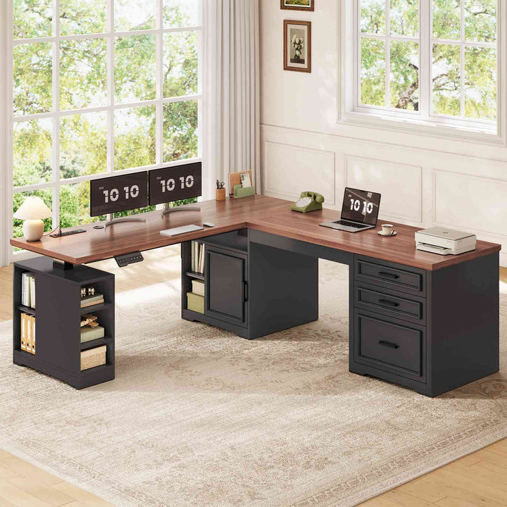 SEDETA 63 Inch L Shaped Electric Standing Desk Height Adjustable Computer Desk Farmhouse with Drawers Shelves and Power Outlet