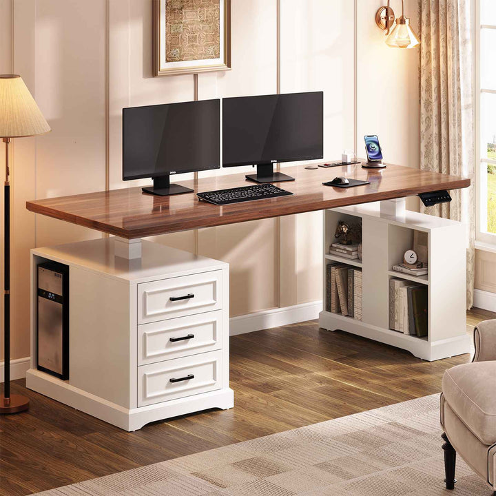 SEDETA 63 Inch Farmhouse Electric Standing Desk with 3 Drawers Storage Shelves Height Adjustable Computer Desk with Power Outlets