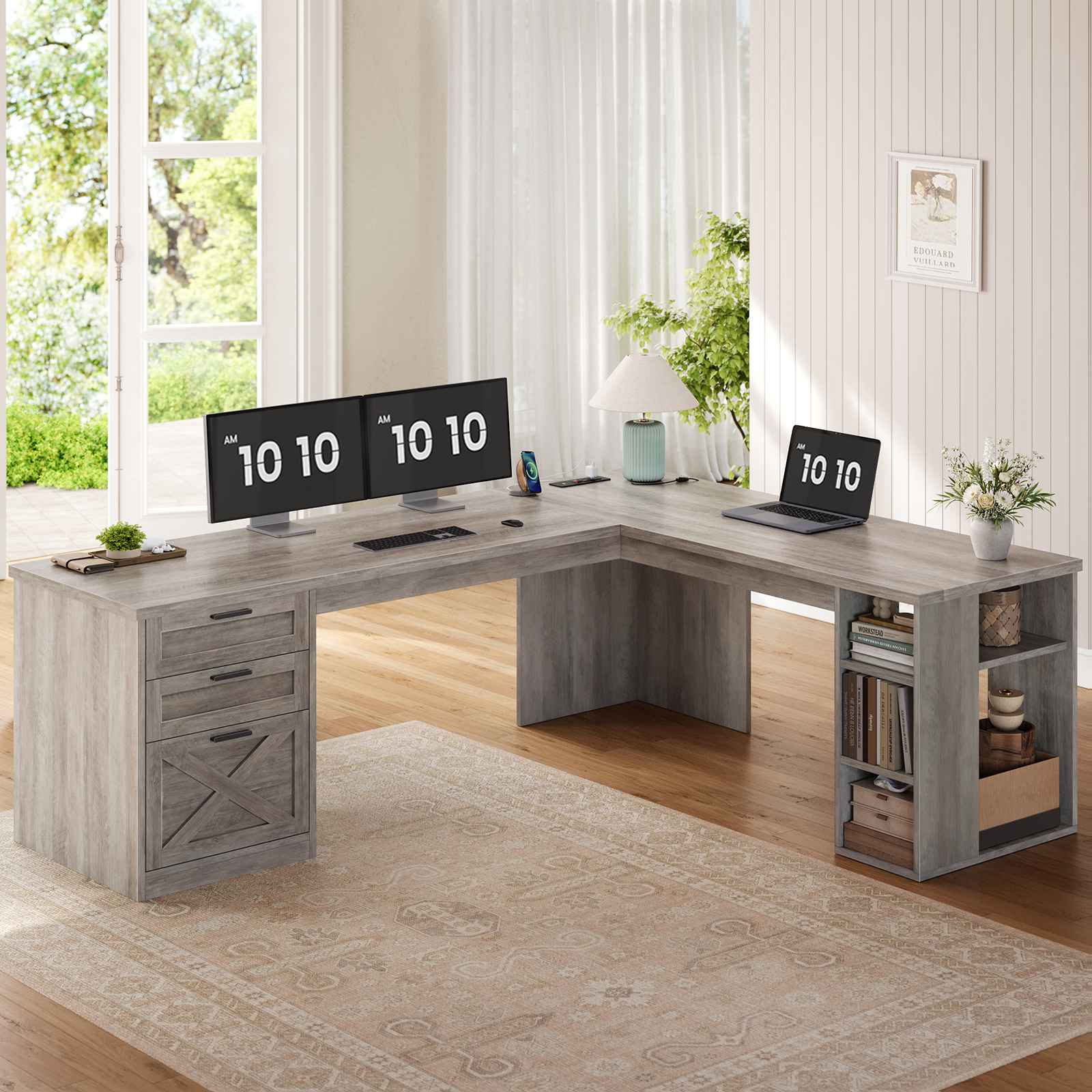 SEDETA® 67 Inch Farmhouse L Shaped Computer Desk with 3 Drawers Home O