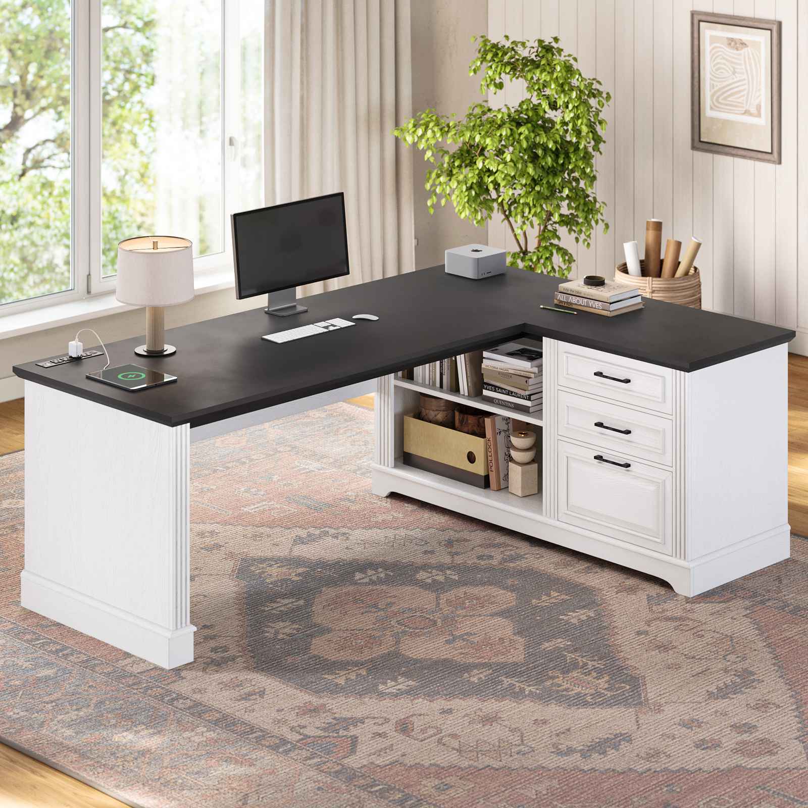 SEDETA® 61 Inch L Shaped Farmhouse Executive Computer Desk with Power