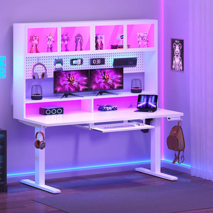 SEDETA 55 Inch Standing Desk Electric Height Adjustable Sit Stand Up Gaming Desk with Led Lights Power Outlet Storage Hutch and Pegboard