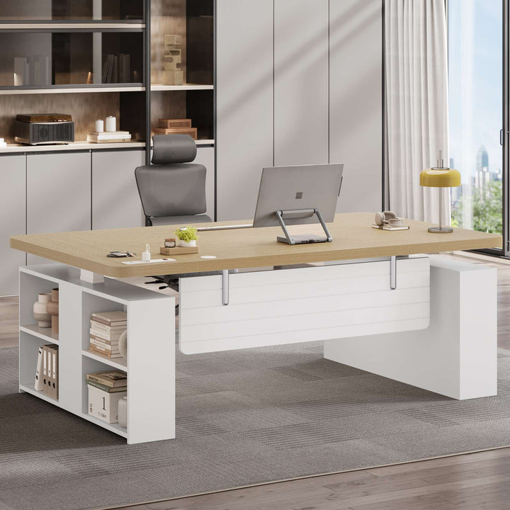 SEDETA 63 Inch Executive Standing Desk with Storage Height Adjustable Desk with Power Outlets Computer Office Desk with Privacy Panel