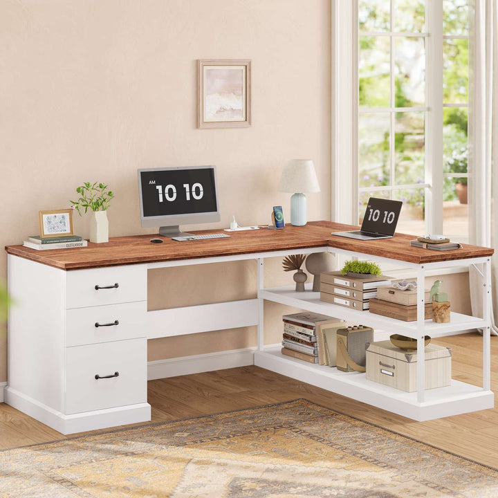 SEDETA® 57.9 Inch Farmhouse L Shaped Computer Desk with Storage Shelves and File Drawers for Home Office
