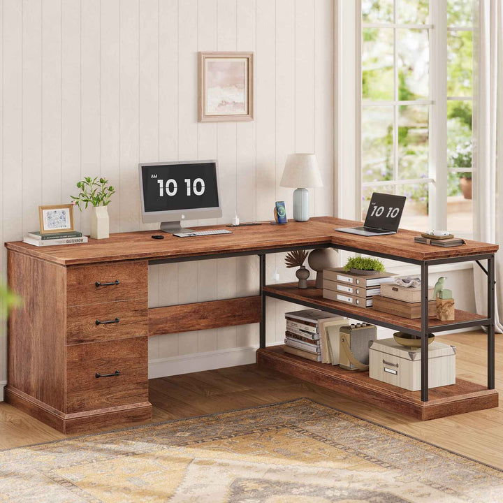 SEDETA® 57.9 Inch Farmhouse L Shaped Computer Desk with Storage Shelves and File Drawers for Home Office