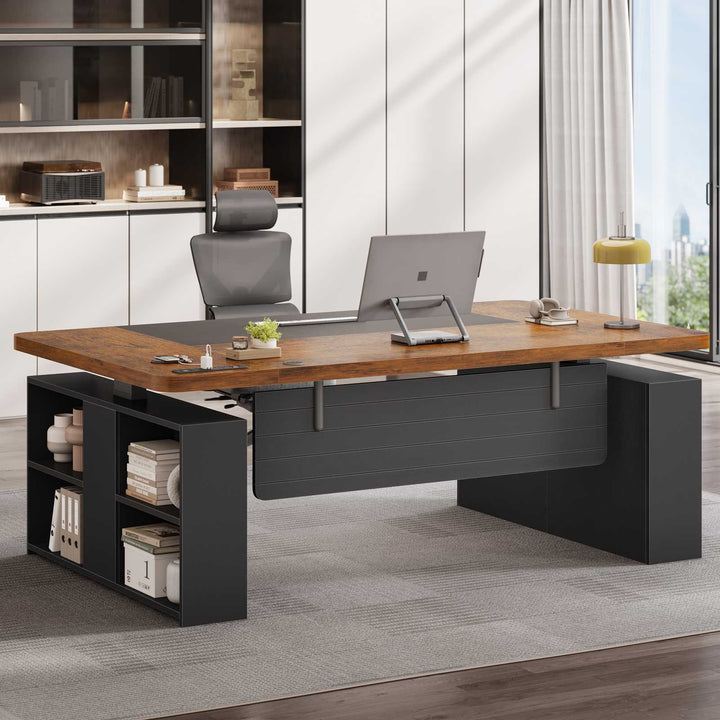 SEDETA 63 Inch Executive Standing Desk with Storage Height Adjustable Desk with Power Outlets Computer Office Desk with Privacy Panel