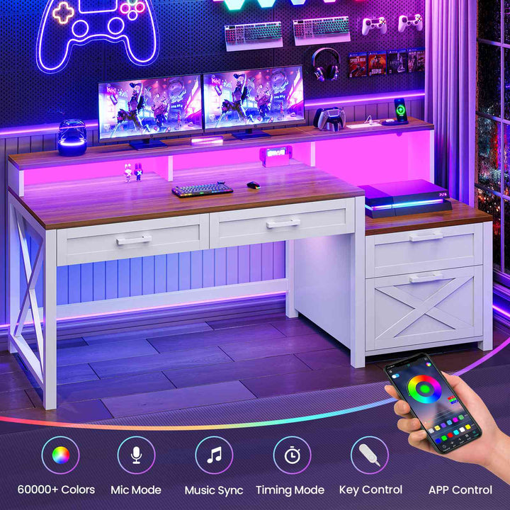 SEDETA 55 Inch Farmhouse Computer Desk with 4 Drawers Power Outlet Gaming Desk with Led Lights Storage Shelves Printer Cabinet