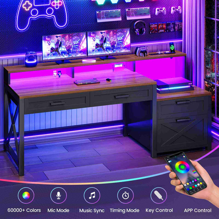 SEDETA 55 Inch Farmhouse Computer Desk with 4 Drawers Power Outlet Gaming Desk with Led Lights Storage Shelves Printer Cabinet