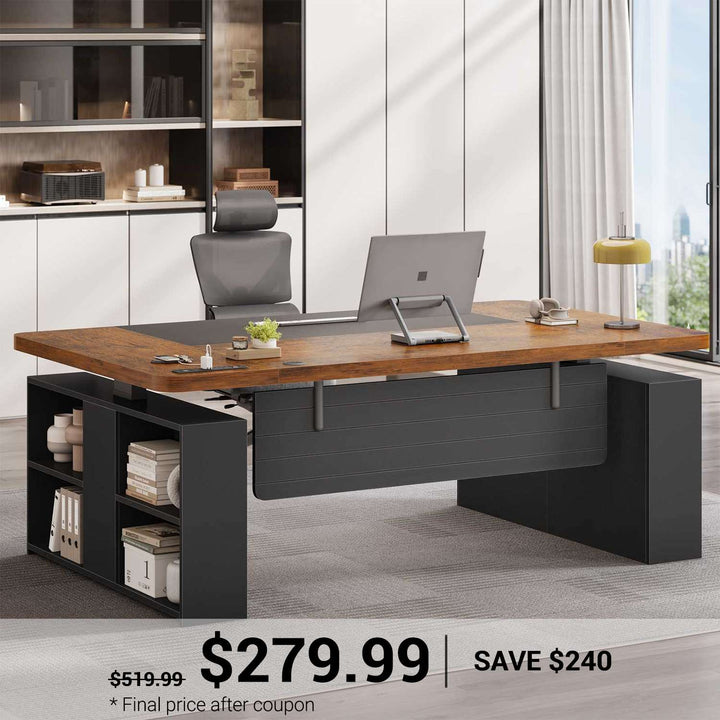 SEDETA 63 Inch Executive Standing Desk with Storage Height Adjustable Desk with Power Outlets Computer Office Desk with Privacy Panel