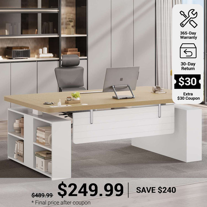 SEDETA® 63 Inch Electric Standing Desk Height Adjustable Executive Desk Ergonomic Computer Office Desk with Power Outlets Open Shelves Privacy Panel