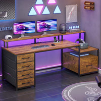 SEDETA® 66 Inch Computer Desk Home Office LED Gaming Table with 5 Drawer