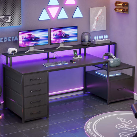 SEDETA - 66 Inch Computer Desk Home Office Desk Gaming Desk with Led Lights Power Outlet 5 File Drawer Storage Shelves Printer Cabinet and Monitor Shelf