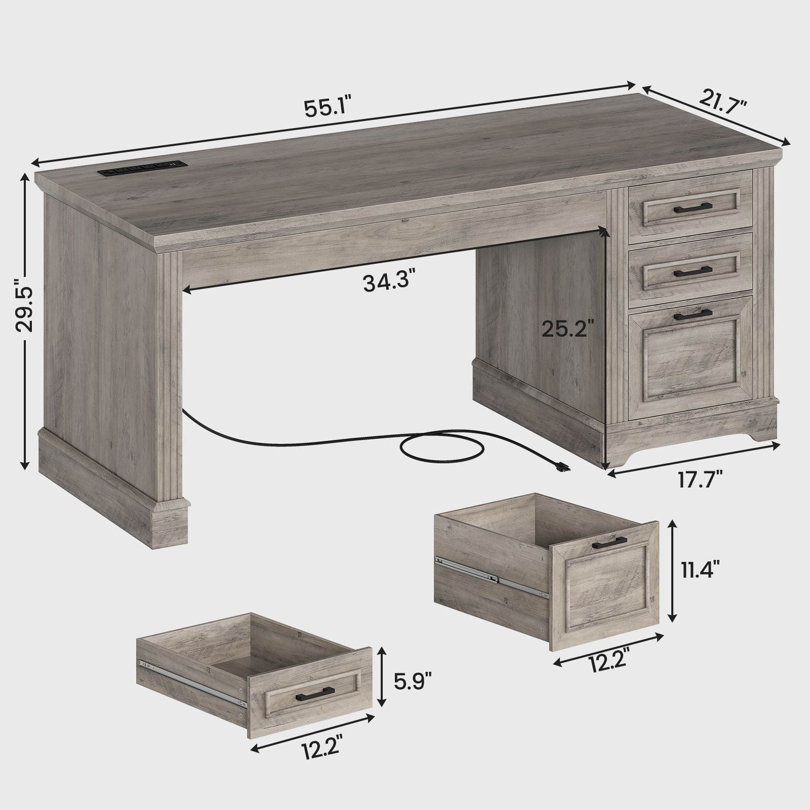 SEDETA 55 Inch Executive Computer Desk with 3 Drawers & Power Outlet,