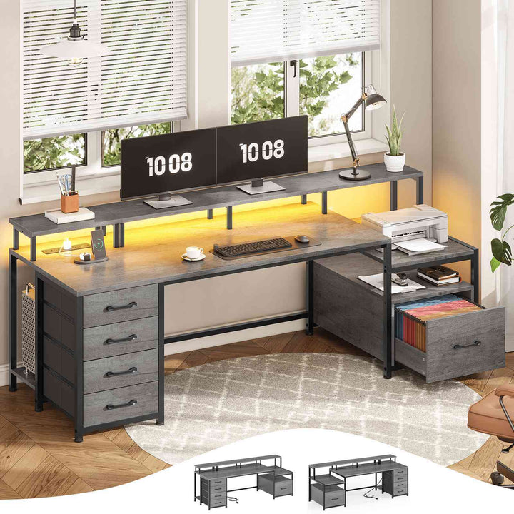 SEDETA 75 Inch Ergonomic Computer Desk Gaming Desk with Led Lights Power Outlet and 5 Drawer for Home Office