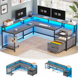 SEDETA - 66 Inch Corner L Shaped Computer Desk Office Desk Gaming Table with Led Lights File Drawer Power Outlet Monitor Shelf Printer Storage Shelves