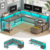 SEDETA - 66 Inch Corner L Shaped Computer Desk Office Desk Gaming Table with Led Lights File Drawer Power Outlet Monitor Shelf Printer Storage Shelves