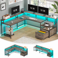 SEDETA 66 Inch L Shaped Gaming Desk Two Person Desk with Led Lights