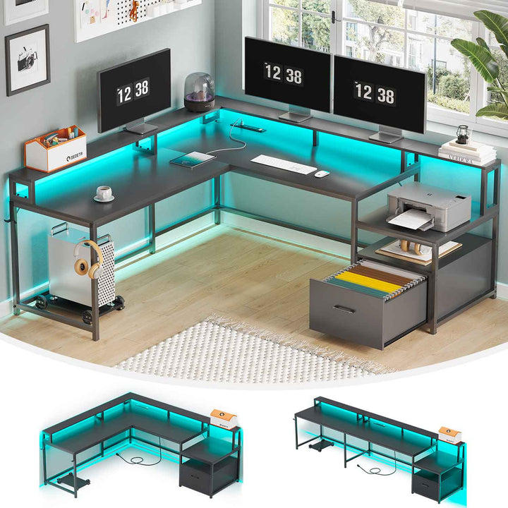 SEDETA 66 Inch L Shaped Gaming Desk Two Person Desk with Led Lights