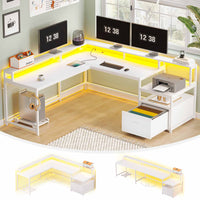 SEDETA 66 Inch L Shaped Gaming Desk Two Person Desk with Led Lights