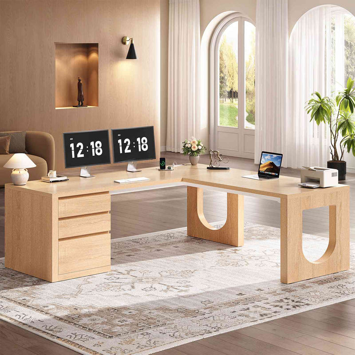 SEDETA 63 Inch Wood L Shaped Computer Desk with 3 Drawers Modern Executive Office Desk with U-Shaped Legs Relief Texture Power Outlet