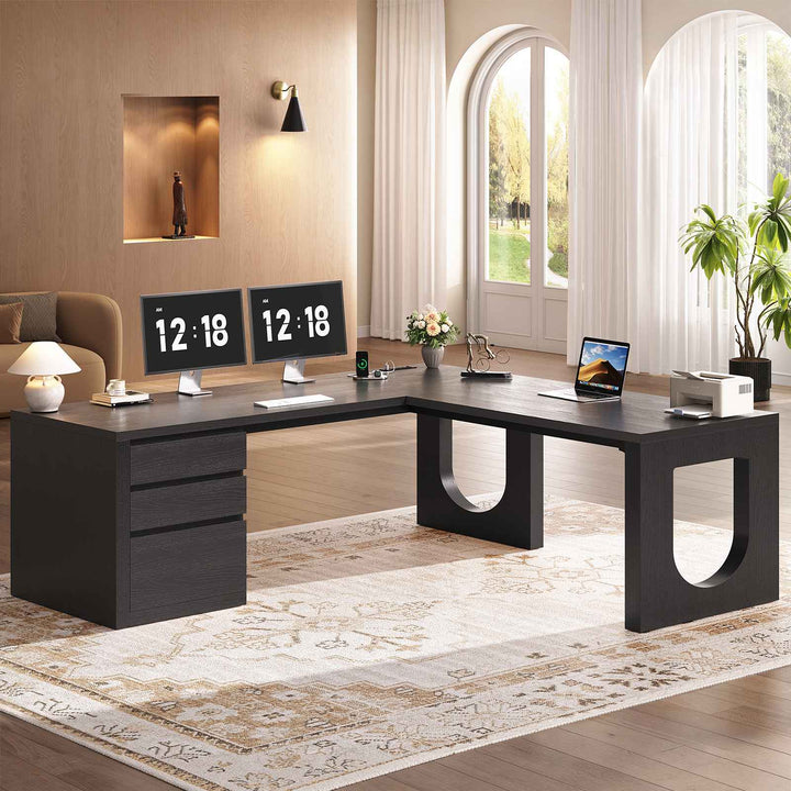 SEDETA 63 Inch Wood L Shaped Computer Desk with 3 Drawers Modern Executive Office Desk with U-Shaped Legs Relief Texture Power Outlet