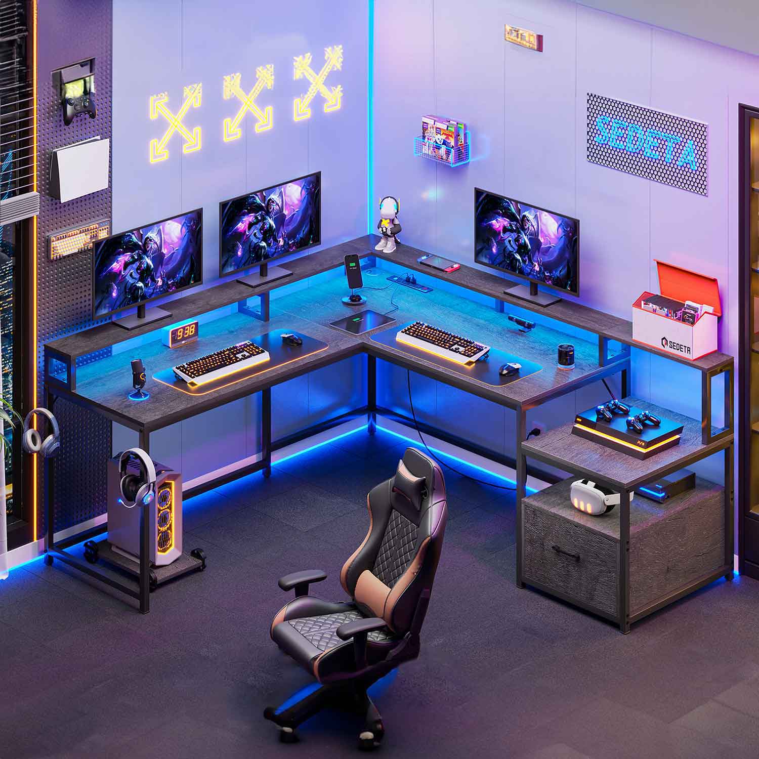 SEDETA | 66 Inch L Shaped Corner LED Gaming Computer Desk with File Dr