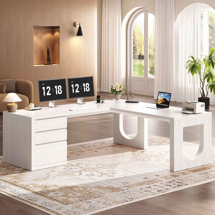 SEDETA 63 Inch Wood L Shaped Computer Desk with 3 Drawers Modern Executive Office Desk with U-Shaped Legs Relief Texture Power Outlet