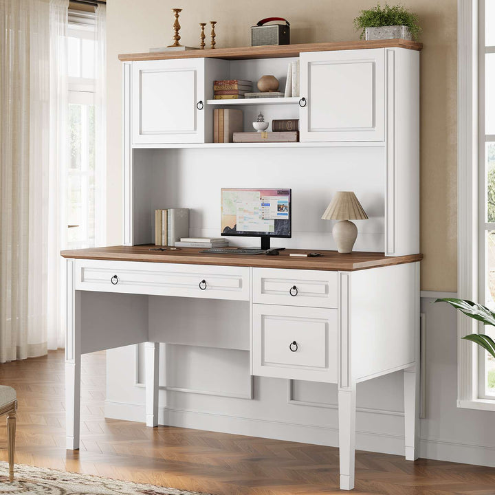 SEDETA® 47.3 Inch Farmhouse Computer Desk Executive Office Desk with Drawers Storage Cabinet and Open Storage Shelves