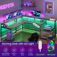SEDETA 66 Inch L Shaped Gaming Desk Two Person Desk with Led Lights