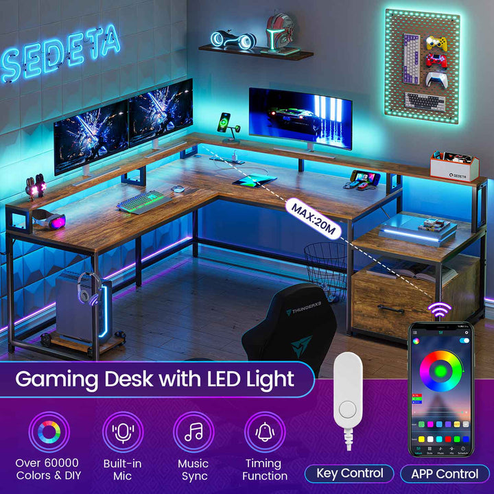 SEDETA 66 Inch L Shaped Gaming Desk Two Person Desk with Led Lights