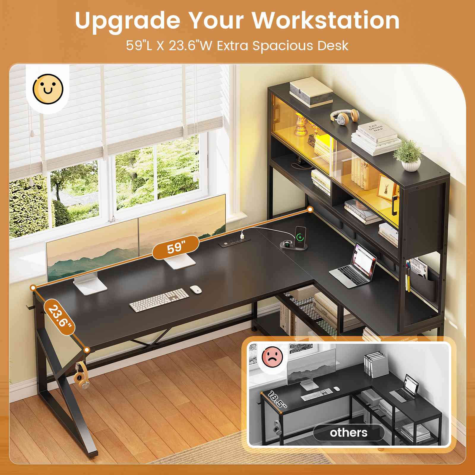 SEDETA 59 Inch L Shaped LED Gaming Desk Home Office Computer Table wit