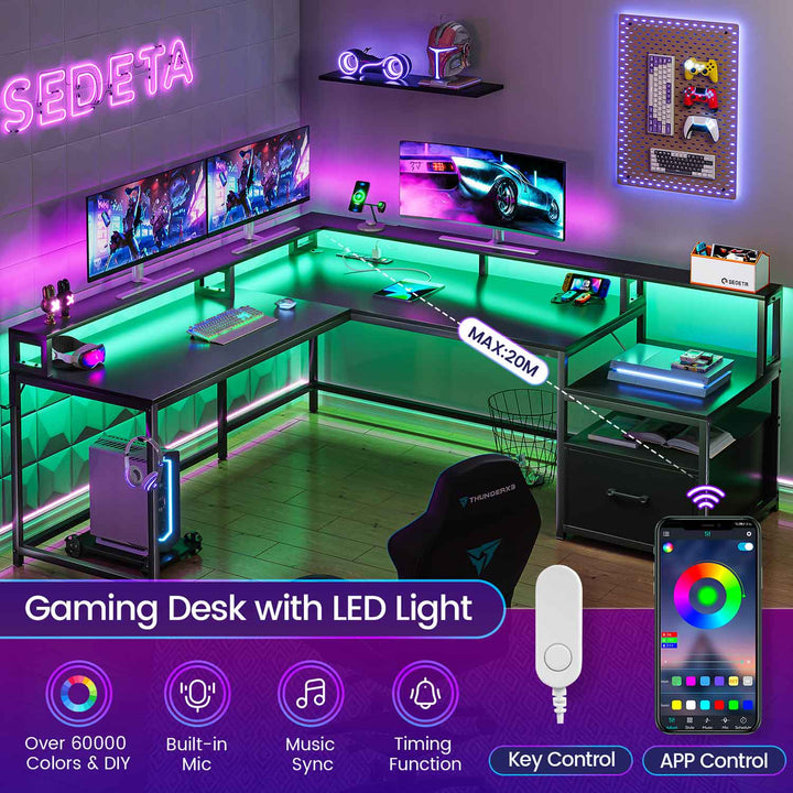 SEDETA 66 Inch L Shaped Gaming Desk Two Person Desk with Led Lights